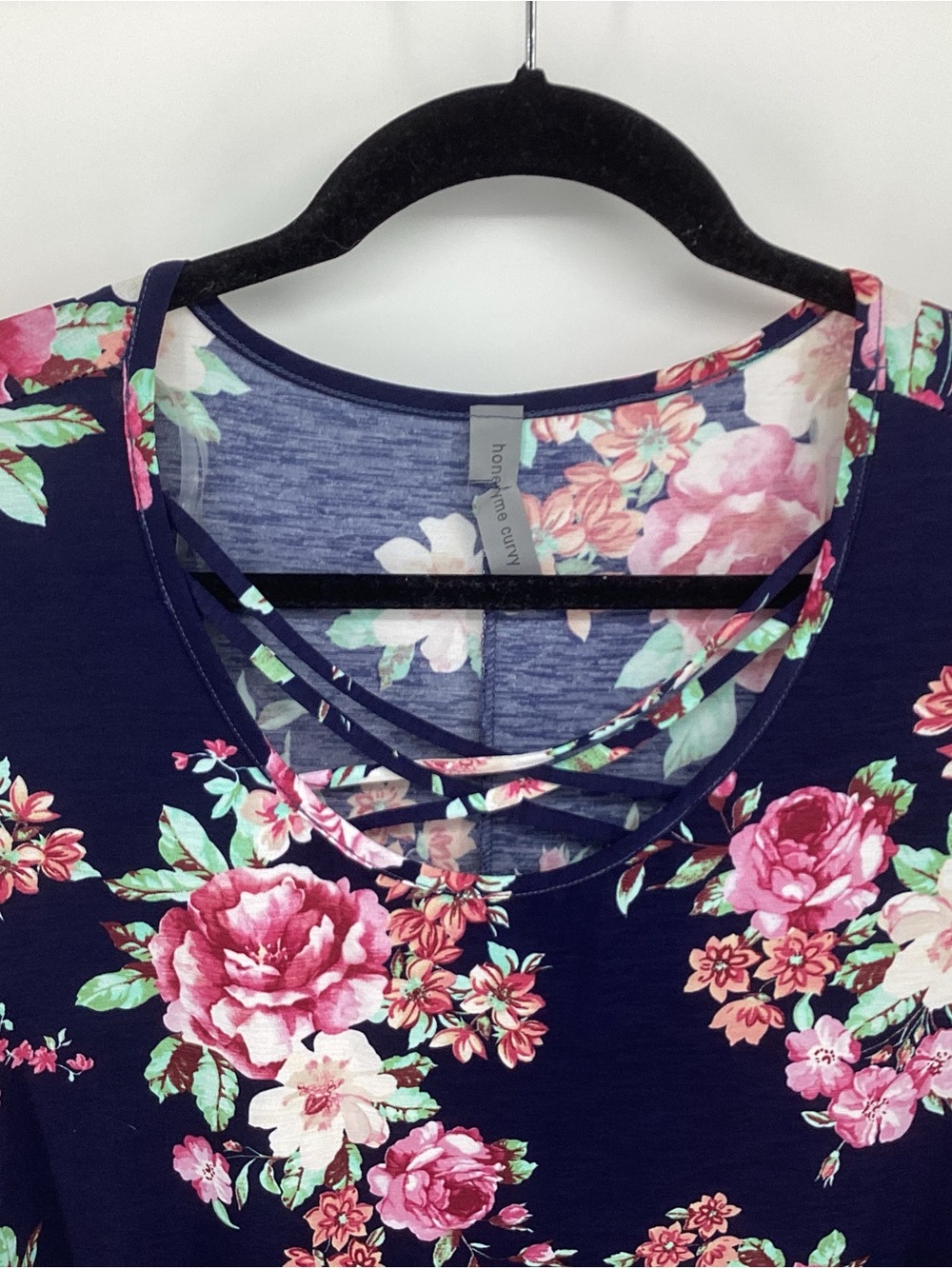 Honeyme Navy Floral Crisscross Midi Dress with Pink Blooms - Picture 2 of 5